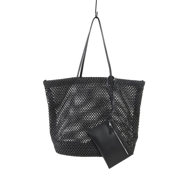 Women's Black Woven Tote Bag With Pouch