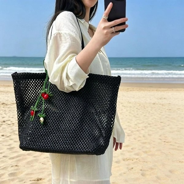 Women's Black Woven Tote Bag With Pouch - Image 4